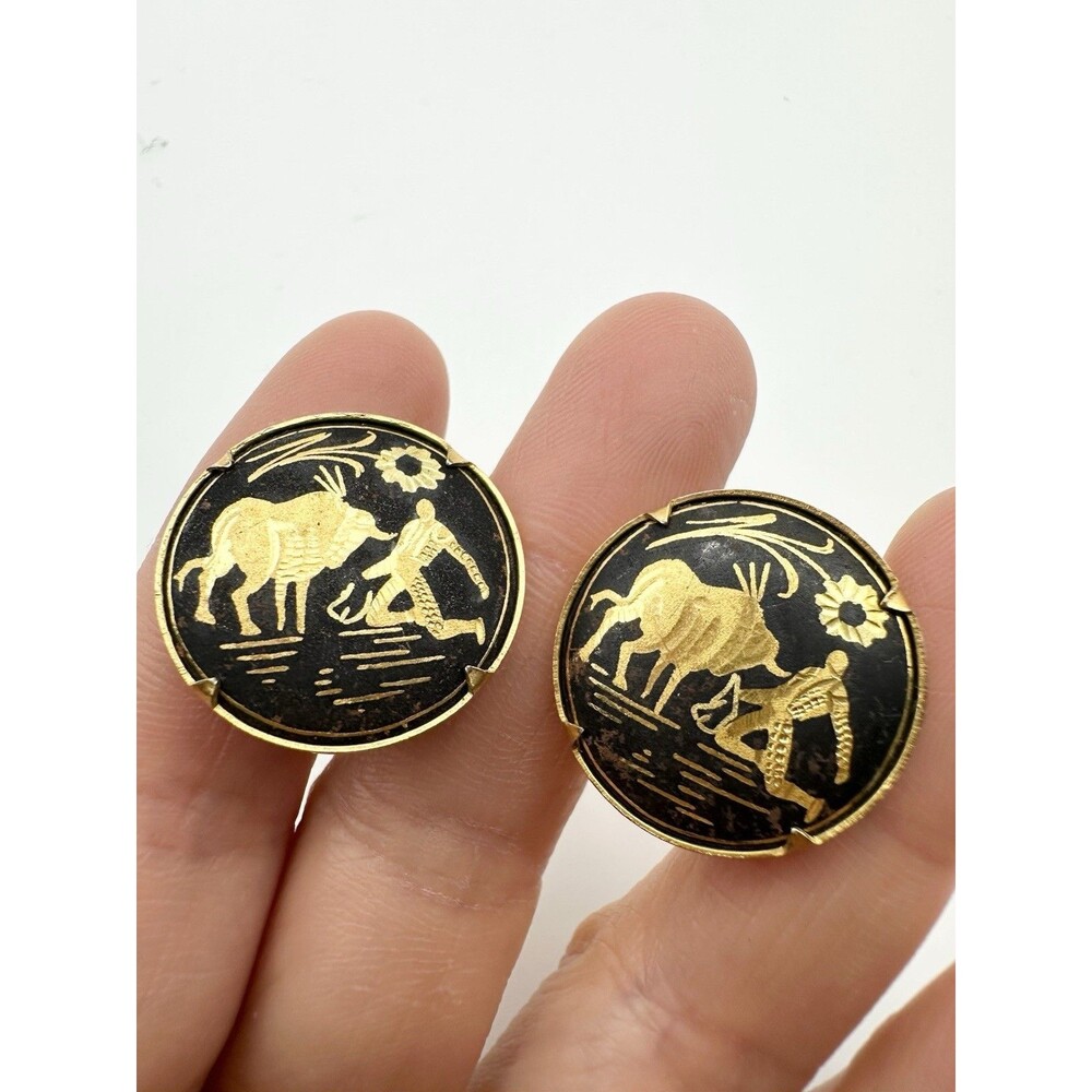 Vintage Damascene Toledo Earrings Spain Design Clip-On